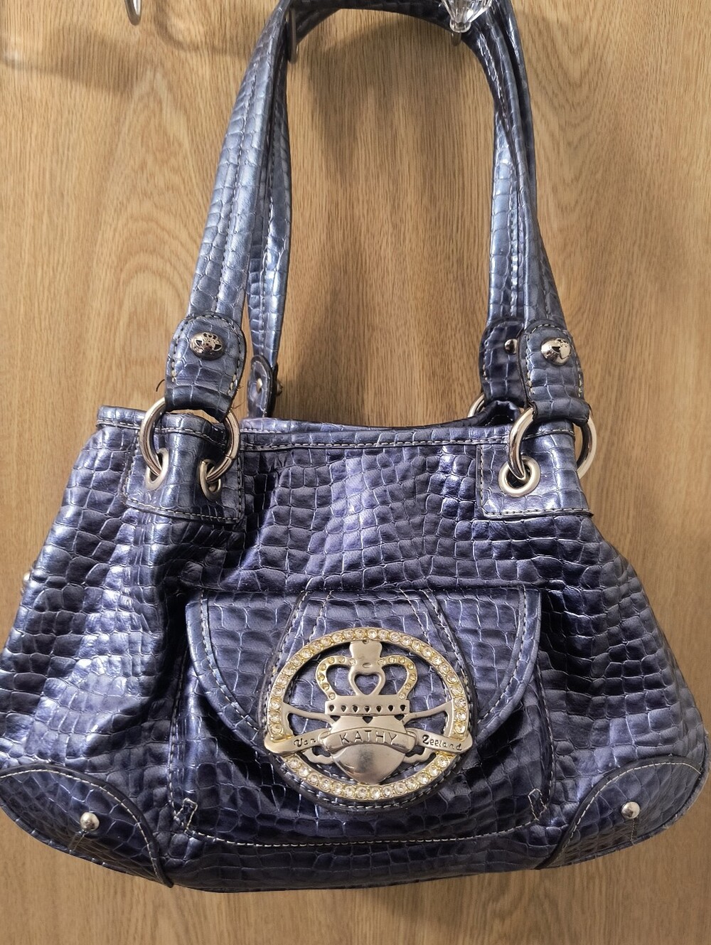 Vintage Y2K Kathy Van Zeeland Navy Blue Croc Embossed Shoulder Bag Crown Bling